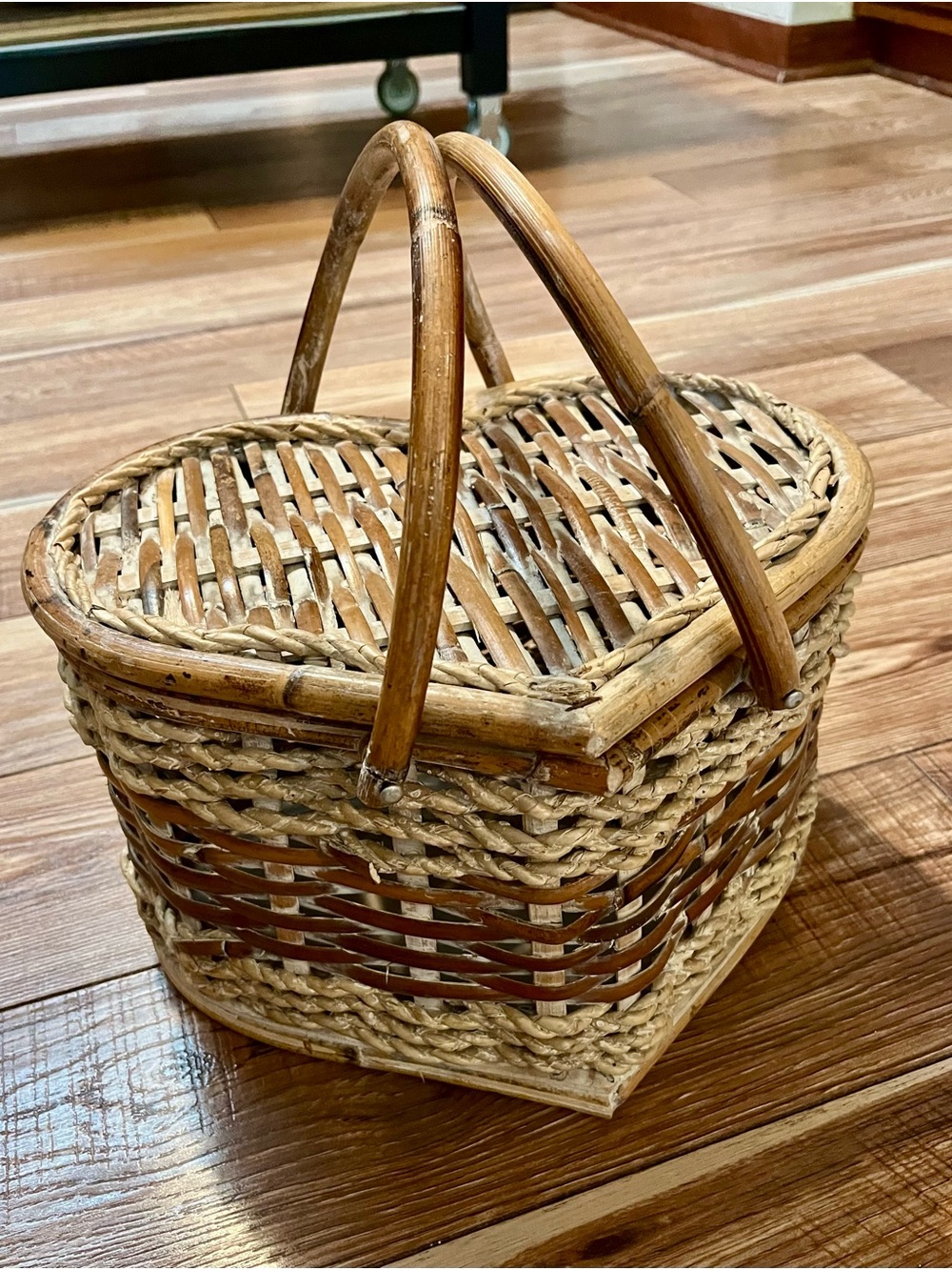 Handwoven Heart Basket with Dual Arched Handles - Natural & Brown Accents